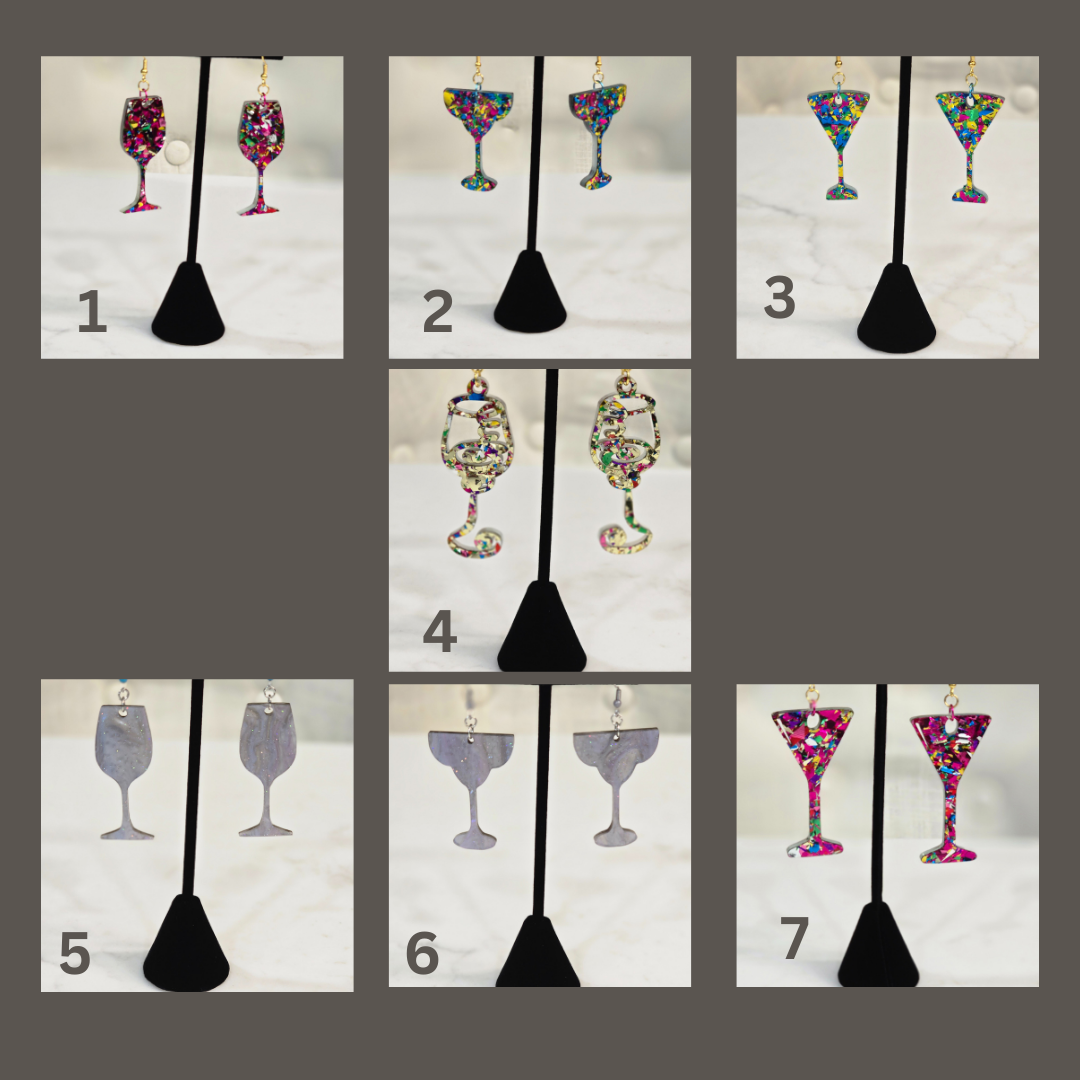 Sparkling Drinkware Earrings Set – Wine, Cocktail, Margarita Glasses